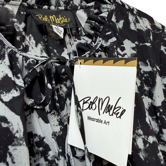 BOB MACKIE Blouse Large Black Artsy Print Tie Neck Long Sleeve Womens Top NWT - Picture 6 of 11